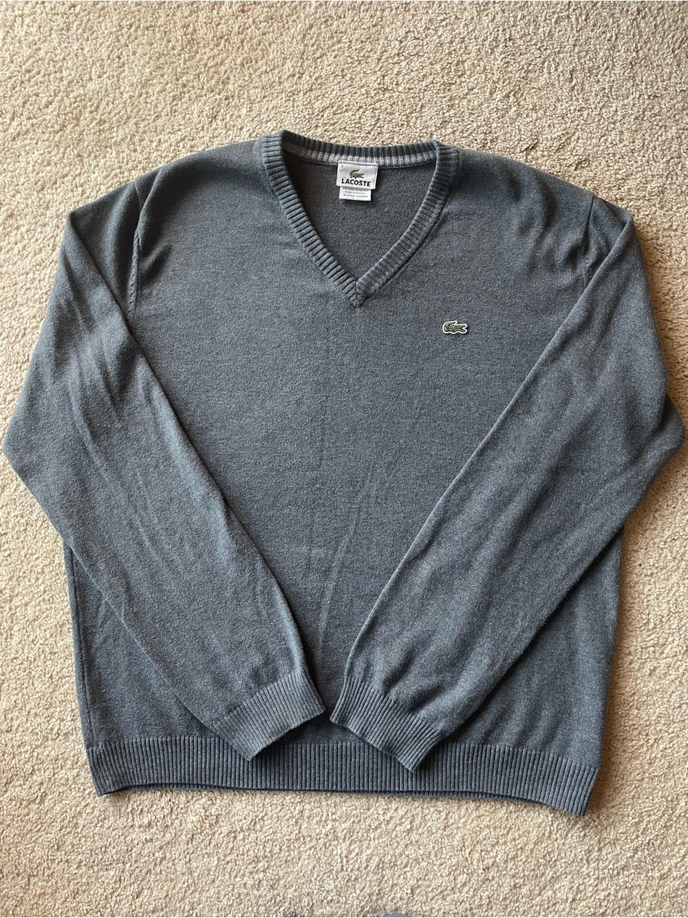 Lacoste V-Neck Sweater L Gray Knit Pullover Long Sleeve Classic Fit Croc Logo